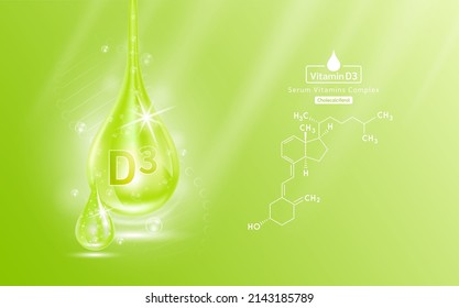 Serum vitamin D3 liquid gel drop and structure. Collagen complex with chemical formula from nature skin care vitamins. Medical scientific concept. On light green background 3D realistic vector EPS10.