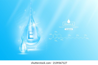 Serum vitamin E liquid gel drop and structure. Collagen complex with chemical formula from nature skin care vitamins. Medical scientific concept. On blue background 3D realistic vector EPS10.