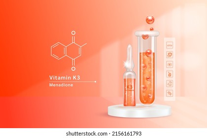 Serum vitamin K3 inside glass ampoule and glass bottles with liquid drug solution. Natural cosmetics. Cosmetology for skin care. On orange background. Medical and beauty concept. Realistic 3D vector.