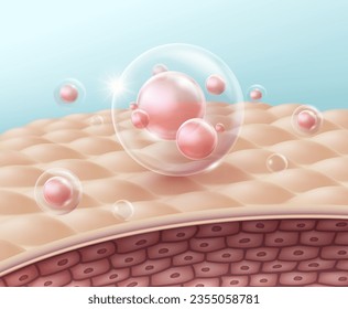 Serum or Vitamin Molecules float above the skin surface at close up. Realistic vector illustration.