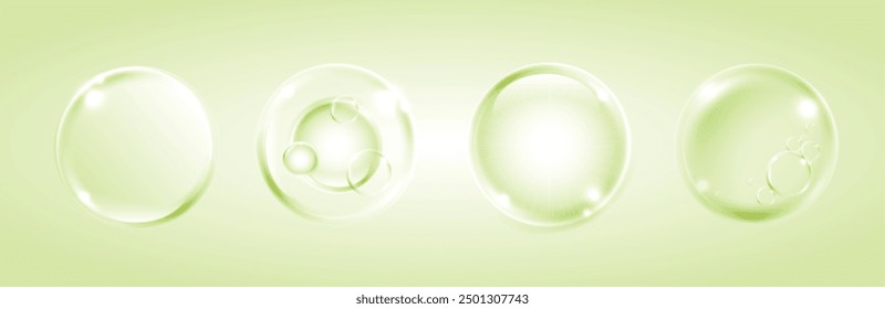 Serum, water drops of liquid or collagen on green background. beauty product, moisture, skincare colorful bubbles. skin care cosmetic hydration spots solution. vector design.