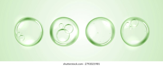 Serum, water drops of liquid or collagen on green background. beauty product, moisture, skincare colorful bubbles. skin care cosmetic hydration spots solution. vector design.