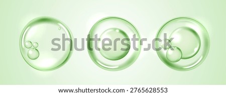 Serum, water drops of liquid or collagen on green background. beauty product, moisture, skincare colorful bubbles. skin care cosmetic hydration spots solution. vector design.