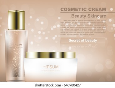 Serum and whitening cream on beige and glittering background vector cosmetic ads template