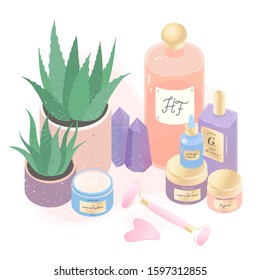 Serum,creams,perfume,face massage tools and aloe vector illustration set.Beauty routine concept.Skin care treatment,wellness and ralax design elements.Home fragrances,cute hygge home decoration 