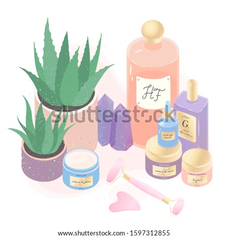 Serum,creams,perfume,face massage tools and aloe vector illustration set.Beauty routine concept.Skin care treatment,wellness and ralax design elements.Home fragrances,cute hygge home decoration 