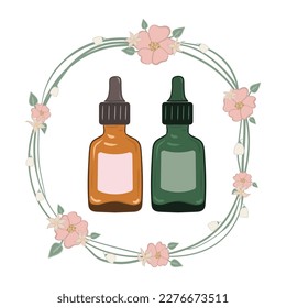 Serums with dropper in brown and green glass bottles. Vector illustration in floral wreath