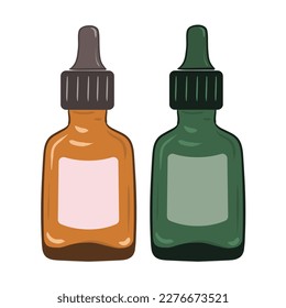 Serums with dropper in brown and green glass bottles. Vector illustration