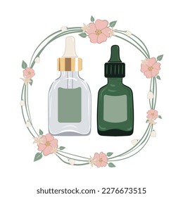 Serums with dropper in brown and transparent glass bottles. Vector illustration in floral wreath