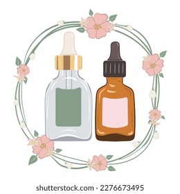 Serums with dropper in green and transparent glass bottles. Vector illustration in floral wreath
