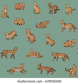 serval cat animal vector seamless doodle pattern