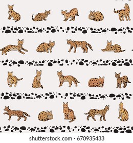 serval cat animal vector seamless doodle pattern