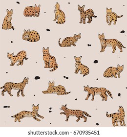 serval cat animal vector seamless doodle pattern