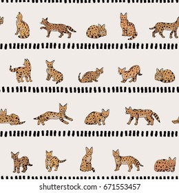 serval cat animal vector seamless doodle pattern