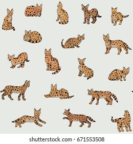 serval cat animal vector seamless doodle pattern