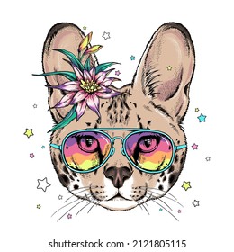 Serval head in sunglasses. Wild cat with an exotic flower. Vector illustration in hand-drawn style. Image for printing on any surface