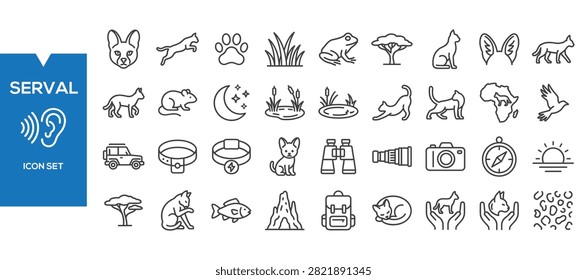 Serval Icons Set – Flat African Wild Cat, Wildlife Nature Vector Collection