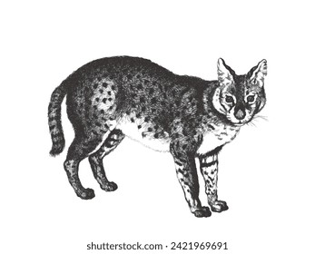 Serval (Leptailurus serval). Doodle sketch. Vintage vector illustration.