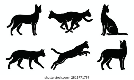 Serval waling and jumping silhouette vector set
