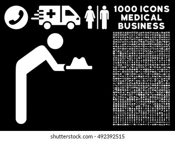Servant With Hat icon with 1000 medical commercial white vector pictographs. Collection style is flat symbols, black background.