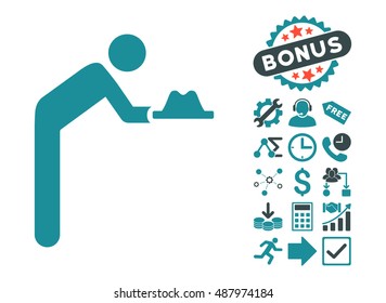 Servant With Hat icon with bonus clip art. Vector illustration style is flat iconic bicolor symbols, soft blue colors, white background.