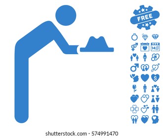 Servant With Hat icon with bonus dating pictograph collection. Vector illustration style is flat iconic cobalt symbols on white background.