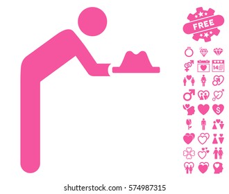 Servant With Hat icon with bonus valentine graphic icons. Vector illustration style is flat iconic pink symbols on white background.