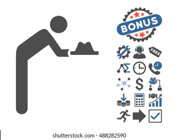 Servant With Hat pictograph with bonus clip art. Vector illustration style is flat iconic bicolor symbols, cobalt and gray colors, white background.