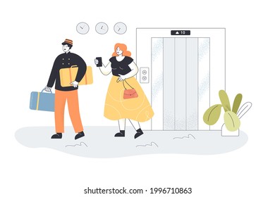 Servant helping guest with baggage in hotel. Woman following man with suitcases flat vector illustration. Traveling, hospitality service concept for banner, website design or landing web page