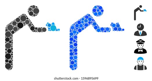 Servant person composition of round dots in different sizes and color tones, based on servant person icon. Vector round dots are composed into blue mosaic.