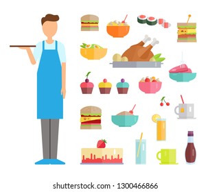 Servant wearing apron vector, worker and food. Isolated icons of dishes, chicken and cakes with cherry. Burger and cupcakes, sushi and tea in cup