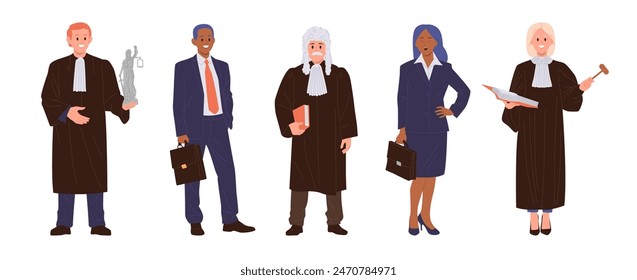 Servants of law, male female judge, lawyer, advocate cartoon characters set isolated on white