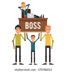 Servants are on the hands of his boss in the crown. Businessman sitting on a chair and put his feet up on the desk. Vector illustration isolated on white background.
