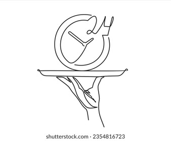 Serve Clock. 24 hours. One continuous line drawing. The waiter carries clock on a tray. Food in a restaurant. A hand holds a tray. Line Art 