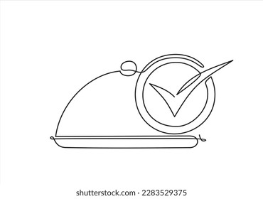 Serve Clock. One continuous line drawing. check mark, check icon  on a dish. Food in a restaurant. Line Art 