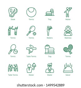 serve icons. Editable 16 serve icons. Included icons such as Steak, Tennis, Tray, Waiter, Waiters, Waitress, Table tennis, Salver. serve trendy icons for web.