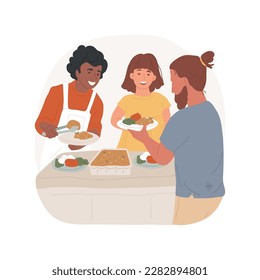 Serve meals to homeless isolated cartoon vector illustration. Teenagers volunteering, teens serving food to homeless people, taking care of beggars, poverty problem vector cartoon.