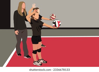 Serve skill of volleyball. The female volleyball coach is teaching her student how to serve