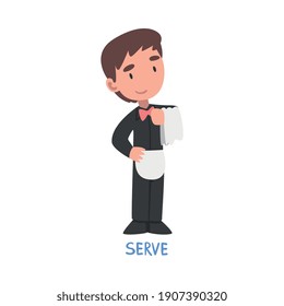 Serve Word, the Verb Expressing the Action, Children Education Concept Cartoon Style Vector Illustration