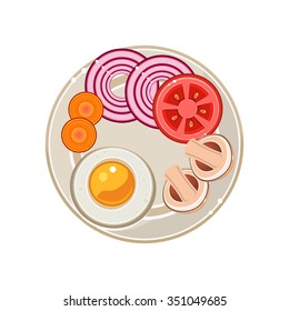 Served Breakfast with Fried Egg and Vegetables. Colourful Vector Illustration