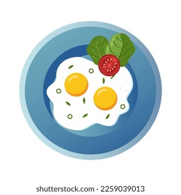 Served breakfast. Fried eggs with tomatoes and herbs on a plate. Vector food. Healthy breakfast with eggs. Menu for a cafe.