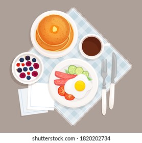 Served breakfast on the table top view. On the plates are scrambled eggs with bacon, muffin, yogurt with berries, coffee, napkins and devices for eating. Vector illustration in cartoon style isolated.