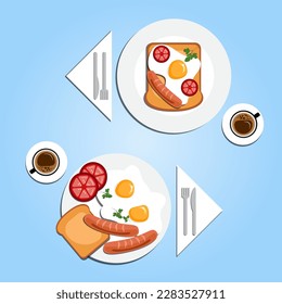 Served breakfast for two. Fried eggs with tomato, toast, sausage, and parsley on two plates with two cups of coffee isolated on a blue background. Top view paper cut out vector illustration