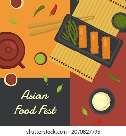 Served chinese and japanese traditional food. Asian meal festival with cuisine. Kettle with tea for ceremony, meat and sauces. Promotional banner or poster with discounts and sales. Vector in flat