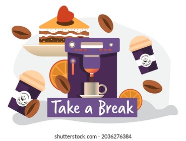 Se sirve café en una taza de cerámica y plástico y en judías asadas con trozos de naranja. Bebida cálida con pasteles y decoración cardíaca en el restaurante. Cappuccino hecho por una máquina de café. Vector de estilo plano