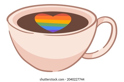 Served cup of coffee or tea, warm beverage or drink in restaurant or cafe in mug. Isolated cappuccino with rainbow heart symbol. Lgbt pride or hippie movement supporting. Vector in flat style