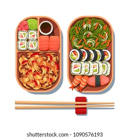 Served delicious Japanese cuisine set on two plates with chopsticks. Sushi, noodles, seaweed salad. Japanese cuisine set top view. Flat vector illustration isolated on white background