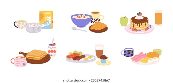 Served different breakfast food. Appetizing porridge, fruit and juice. Healthy meal and coffee, morning dishes serving. Isolated lunch racy vector set