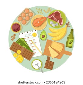 Served dinner and budget planning on table vector illustration. Wallet with cash to pay for plates with fish, meat, eggs, fruits and vegetables. Nutrition and budgeting, wellness concept