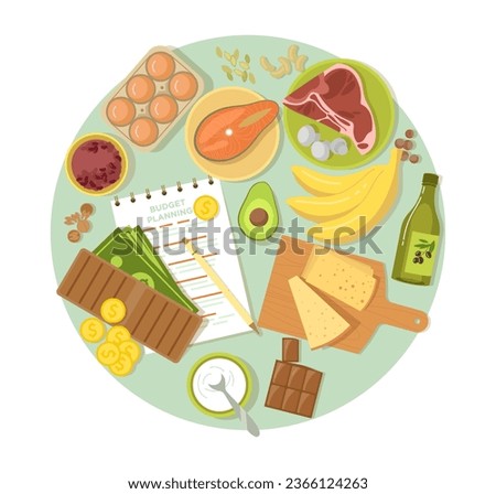 Served dinner and budget planning on table vector illustration. Wallet with cash to pay for plates with fish, meat, eggs, fruits and vegetables. Nutrition and budgeting, wellness concept